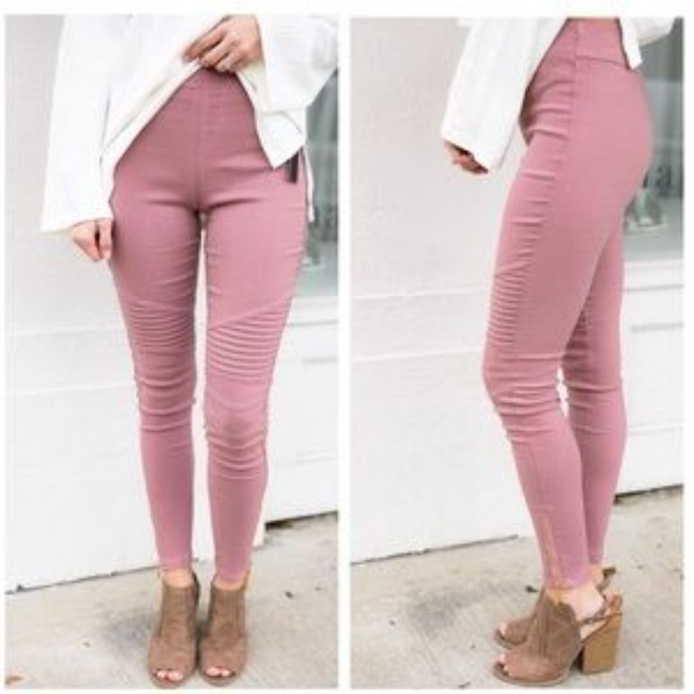 Haute Ellie Womens Mauve Moto Jeggings‎ Ankle Zip Skinny Pants Pink Large NWOT